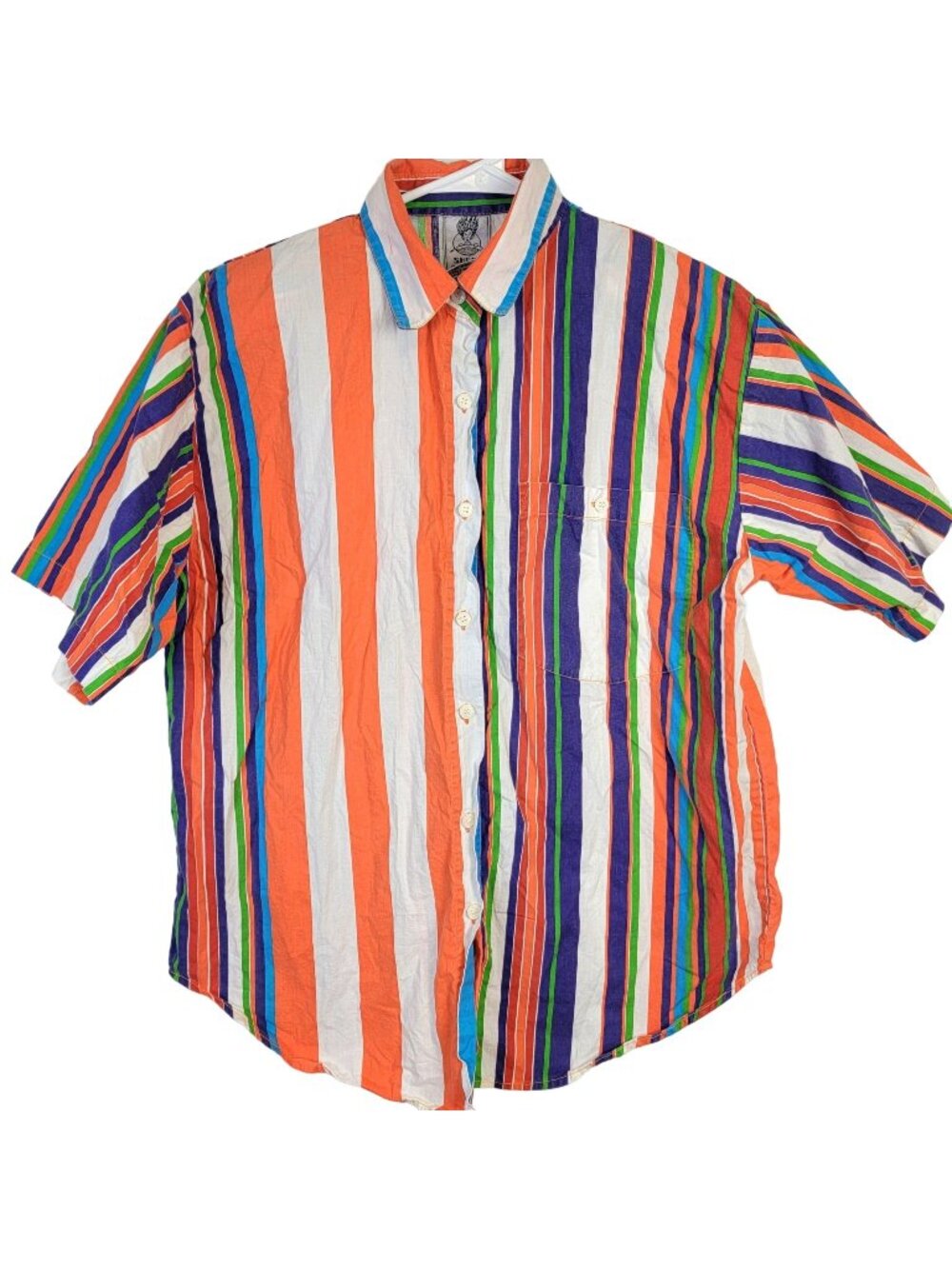 Vintage 80s Colorful Retro Stripe Shirt Women Medium Button Collar Top 10 Summer